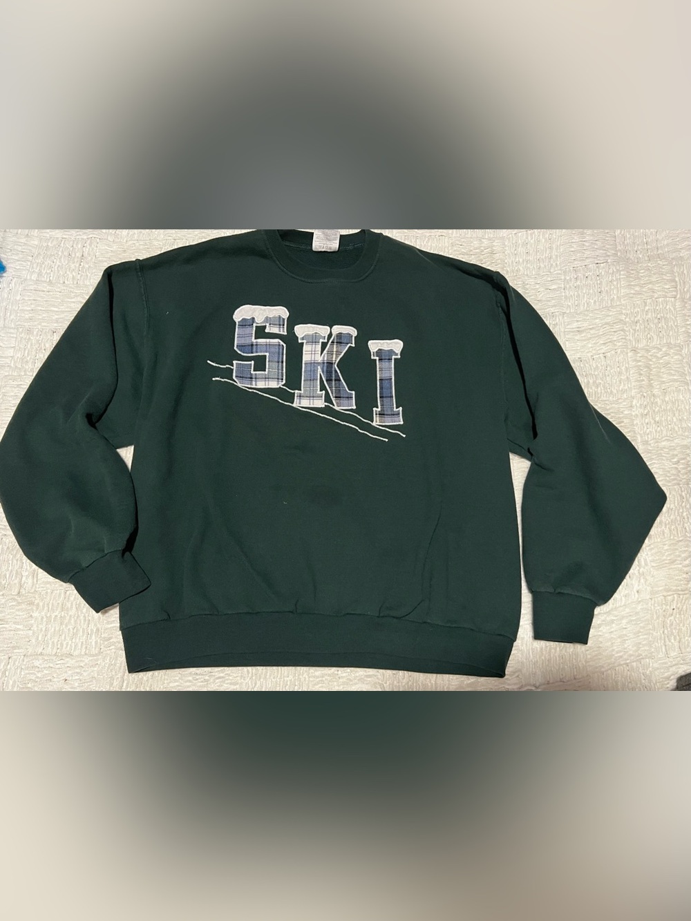 Vintage Snow Ski Hanes Dark Green Crewneck Sweatshirt with Plaid 'SKI' Applique